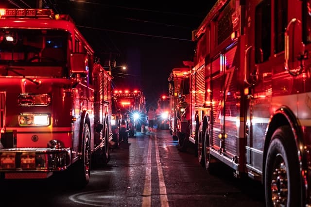 Fire engines lined up on a wet street at night with their emergency lights on