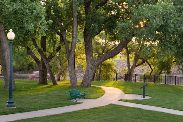 A curving paved path through a shaded neighborhood park with a bench and mature trees